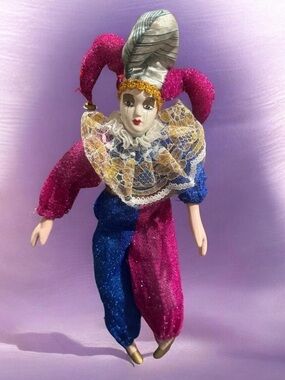 Vintage 11” Jester Painted Porcelain Clown Doll Blue, Pink/Purple, Gold